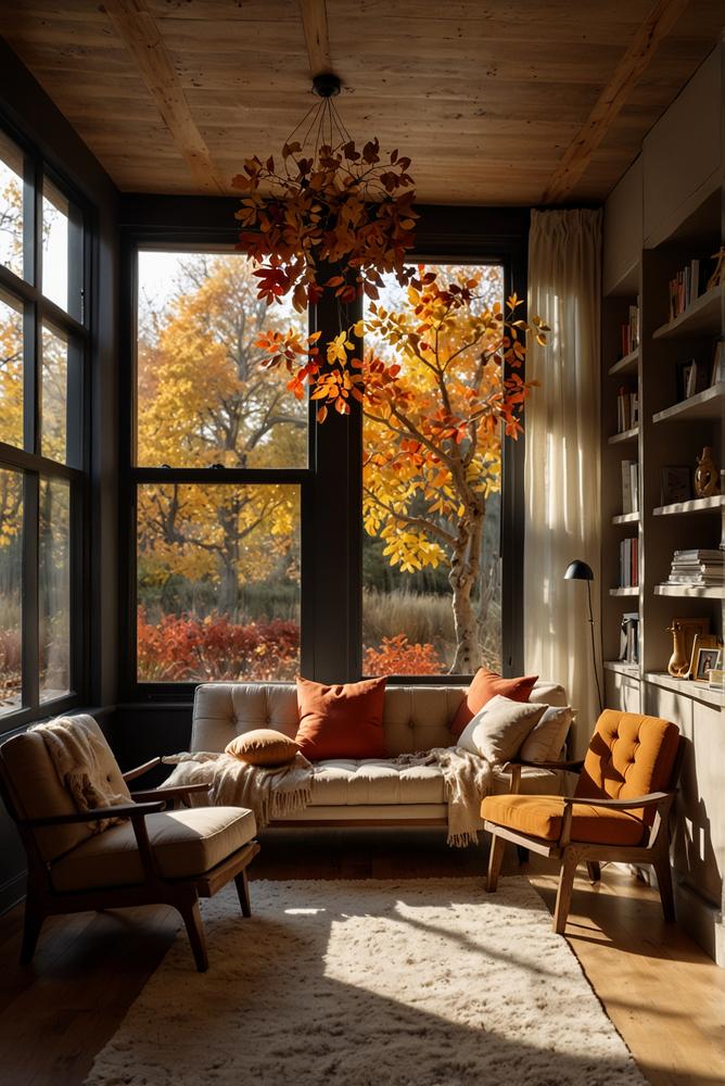 Herbstliches Naturmobile aus Treibholz, Blättern und Kastanien