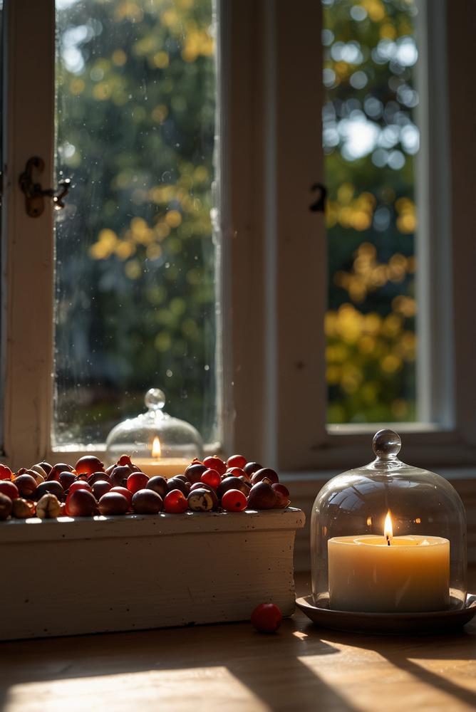 Helle herbstliche Fensterbank mit Kastanien und Teelichtern