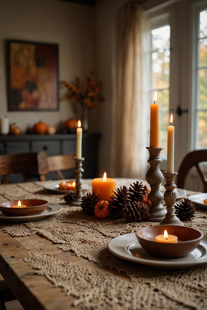Herbstliche Esszimmerdekoration mit Jute, Zapfen und Kerzen