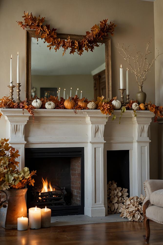 Herbstdekoration am Kaminsims mit Ästen und Hortensien