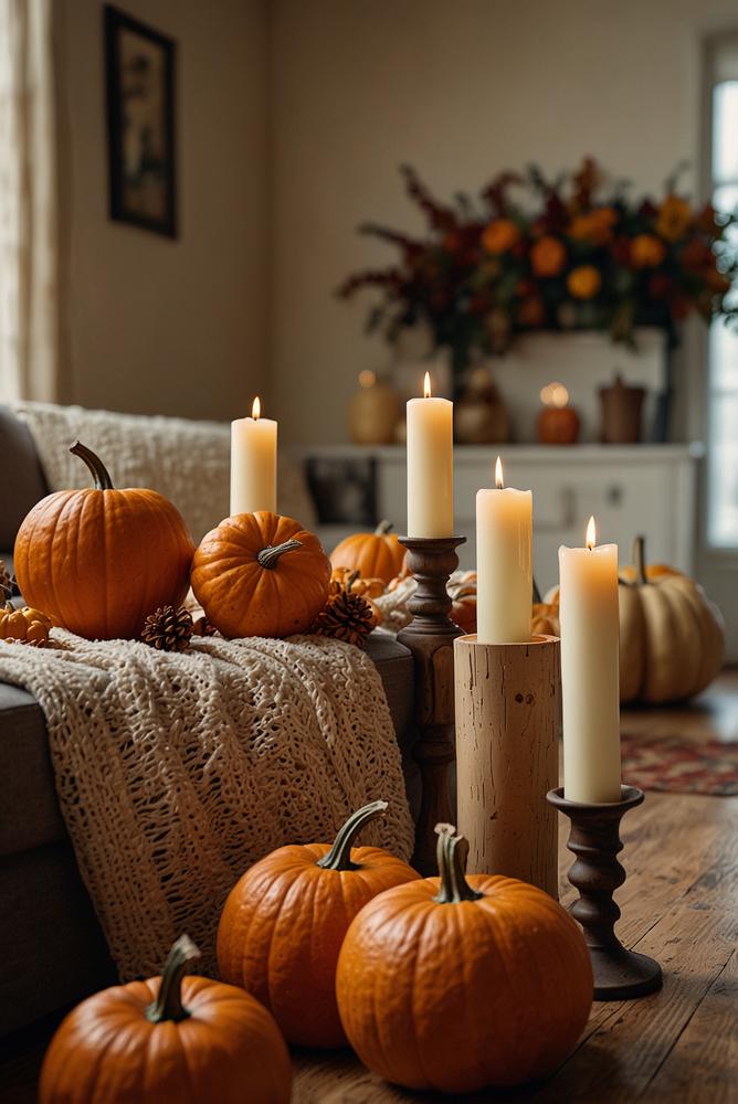 Herbstliche Dekoration mit Kürbissen, Eichenlaub und Kerzen