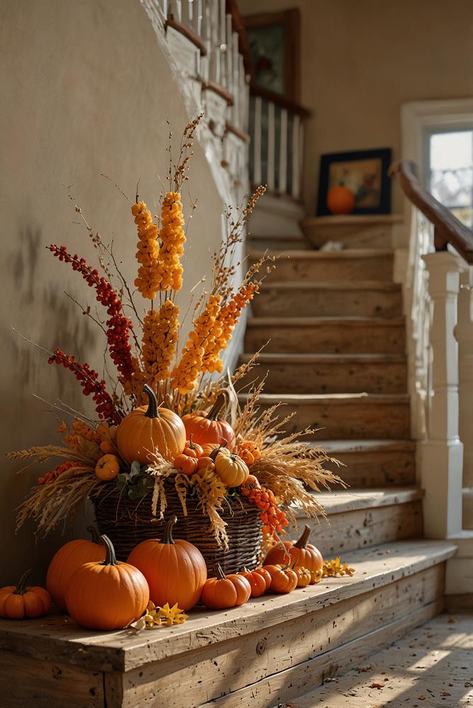 Herbstliche Treppendekoration mit Stroh und Kürbissen