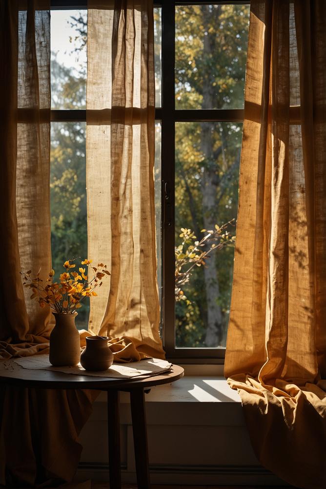 Helle herbstliche Fensterdekoration mit warmen Tönen