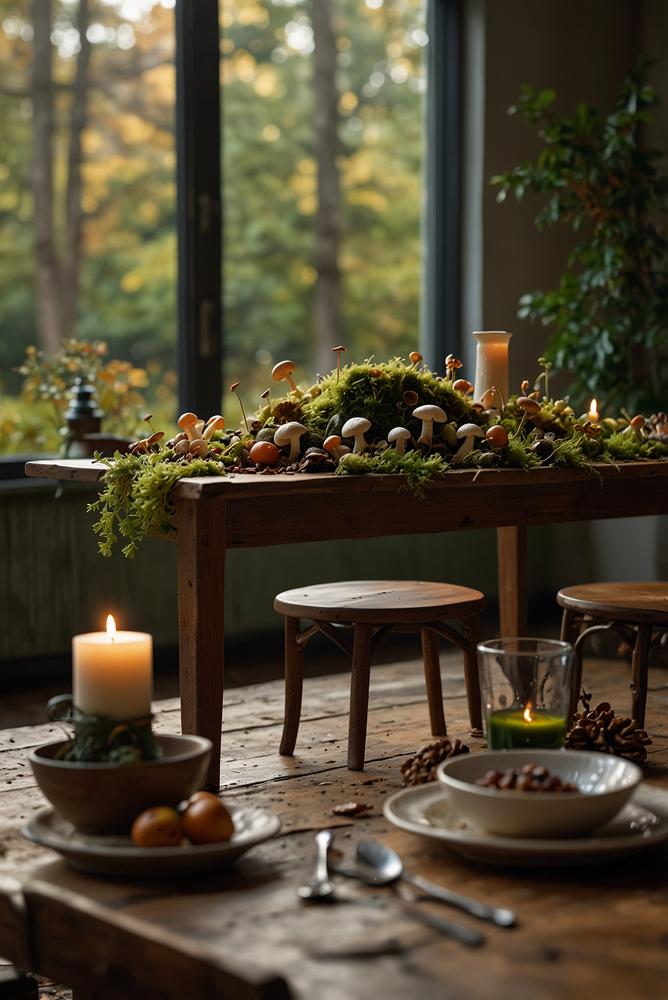 Mini-Gestecke aus Moos und Pilzen auf hellem Tisch