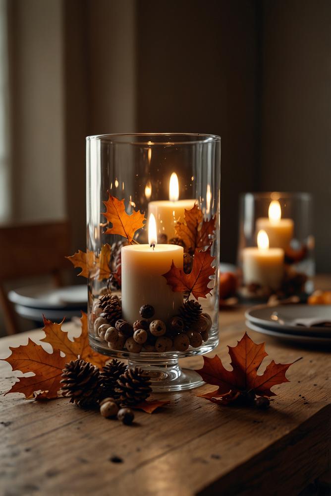 Herbstliche Tischdeko mit Blattstreu und Windlichtern