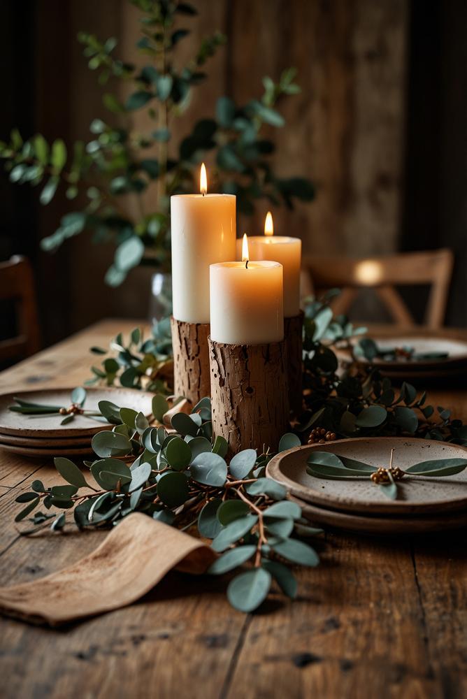 Herbstliche Tischdeko mit Holz, Kerzen und Eukalyptus