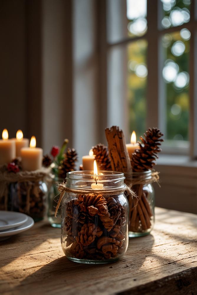 Herbstliche Tischdeko mit Kerzen in Einmachgläsern und Kordel