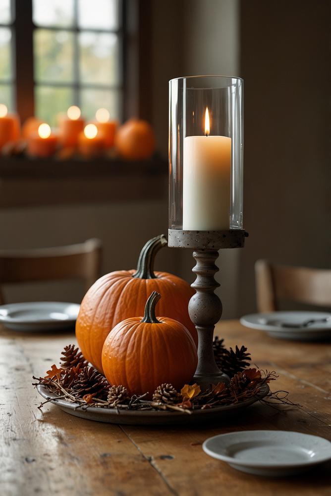 Herbstliche Tischdeko mit Kürbissen und Kerzen