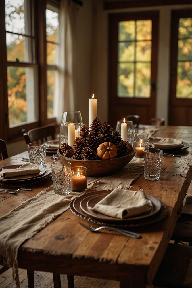 Herbstliche Tischdeko im Landhausstil mit Leinen und Zapfen
