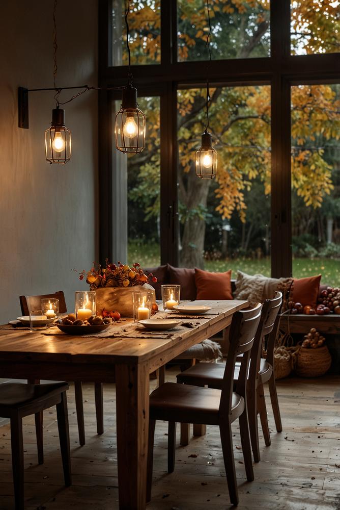 Herbstliche Tischdeko mit Laternen und Lichterketten