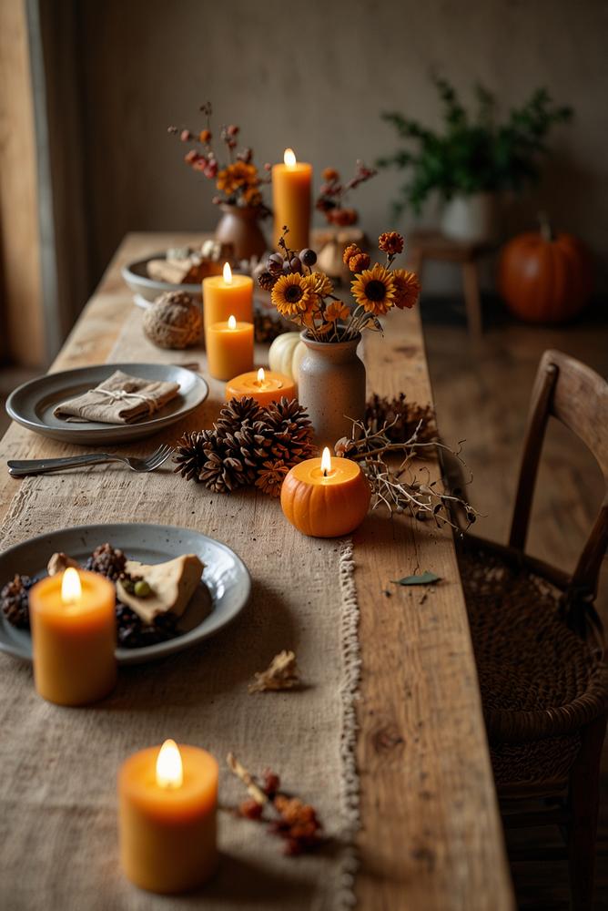 Helle, herbstliche Tischdeko aus natürlichen Materialien