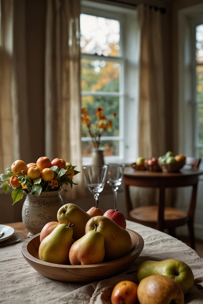 Helle herbstliche Tischdeko mit Obstschale Birnen Feigen