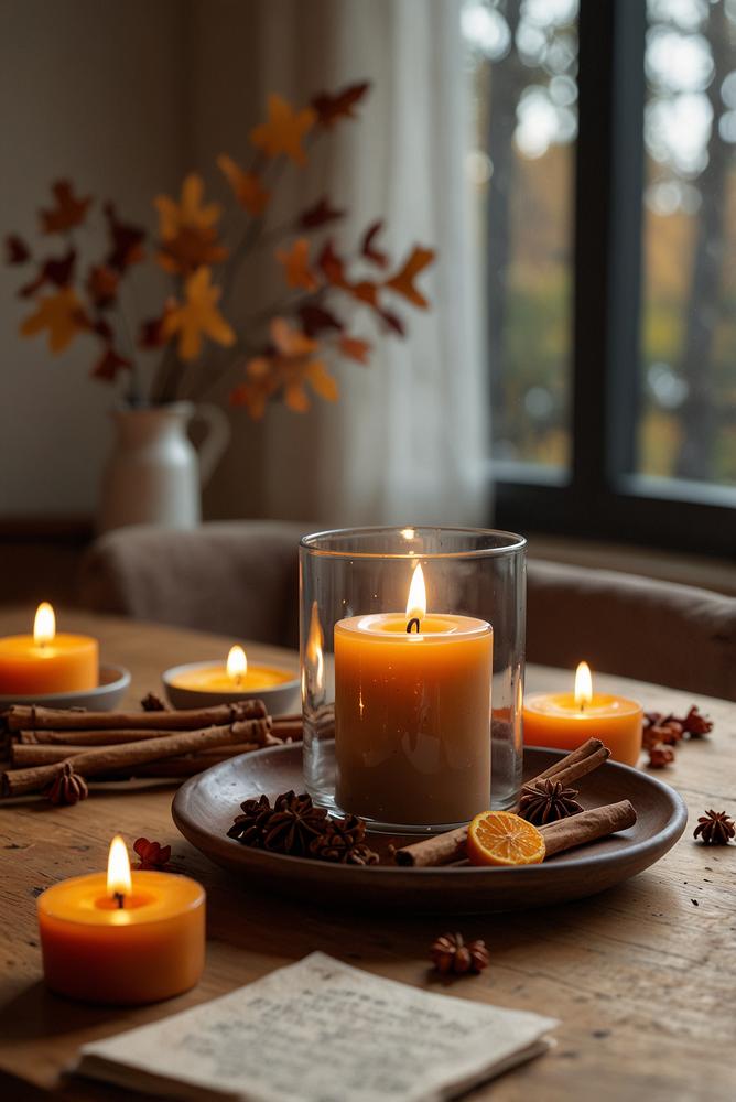 Herbstliche Tischdeko mit Zimtstangen und Duftkerzen