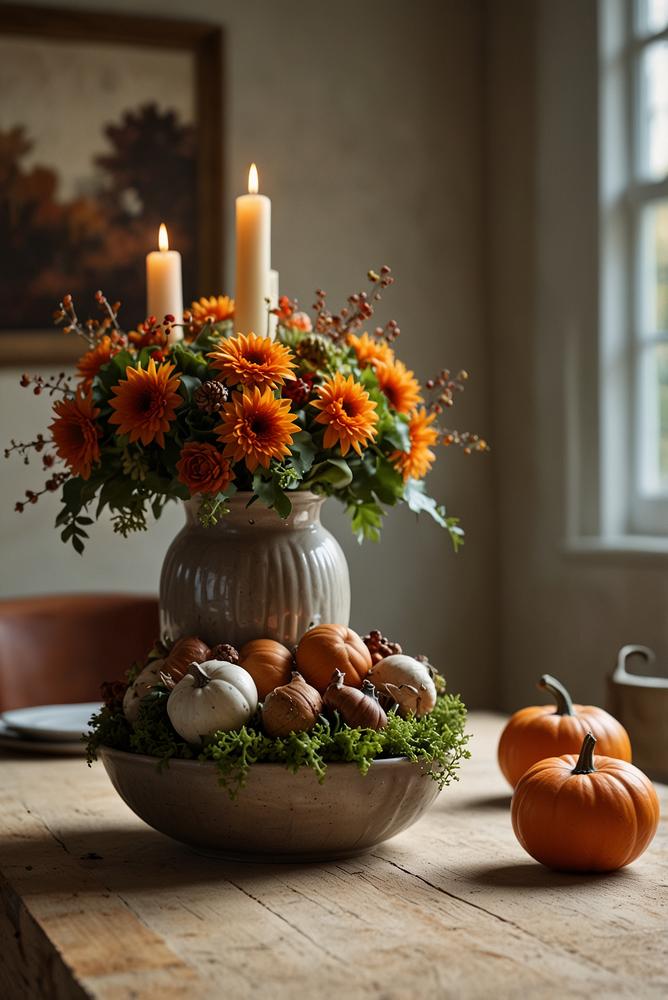 Helle Herbsttischdekoration mit Eicheln und Keramik-Kürbissen