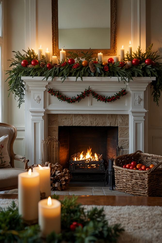 Kaminsims-Girlande aus Tannenzweigen mit Kerzen und Beeren