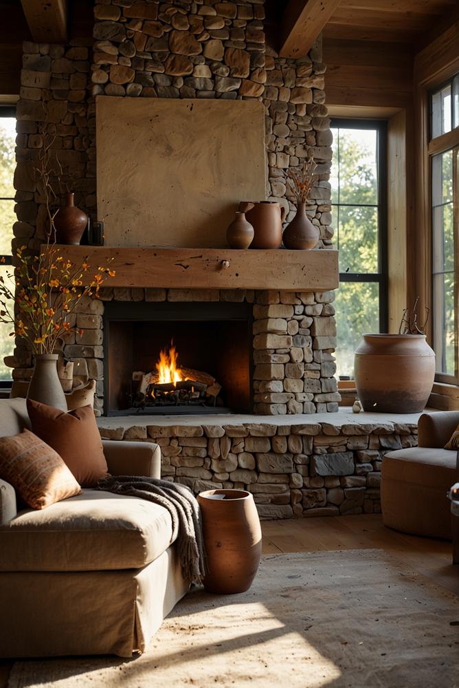 Helle Kaminzone mit natürlichen Materialien im Herbst