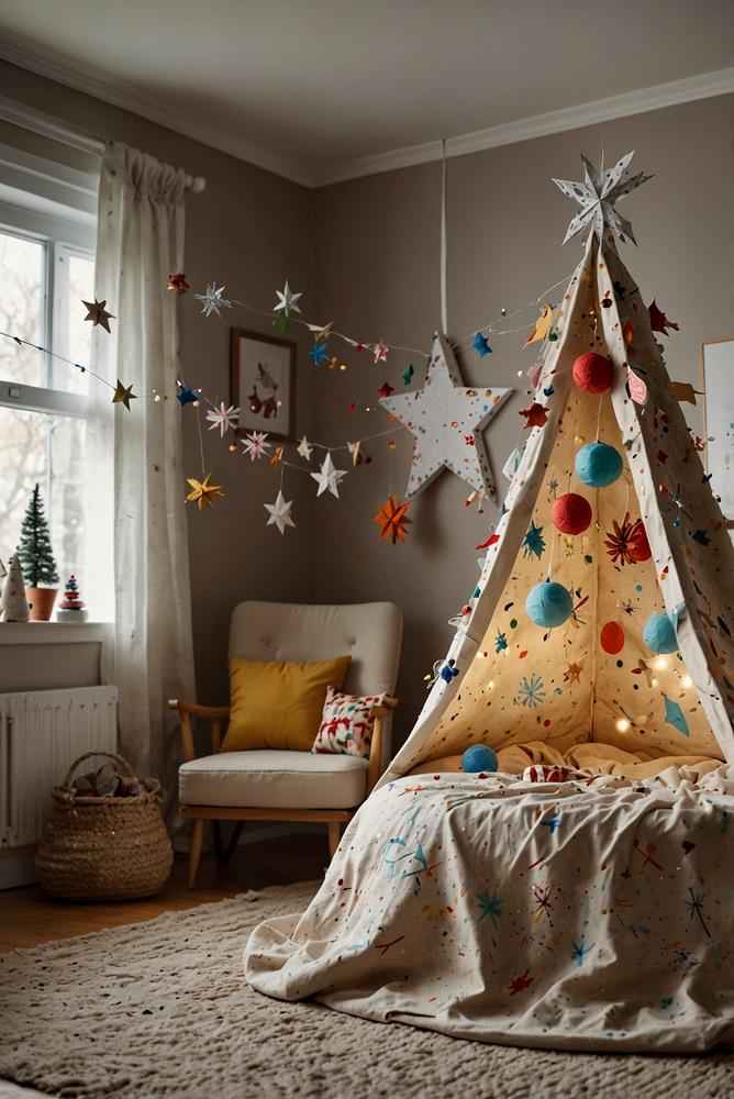 Kinderzimmer mit heller, sicherer Weihnachtsdeko aus Papiermobiles