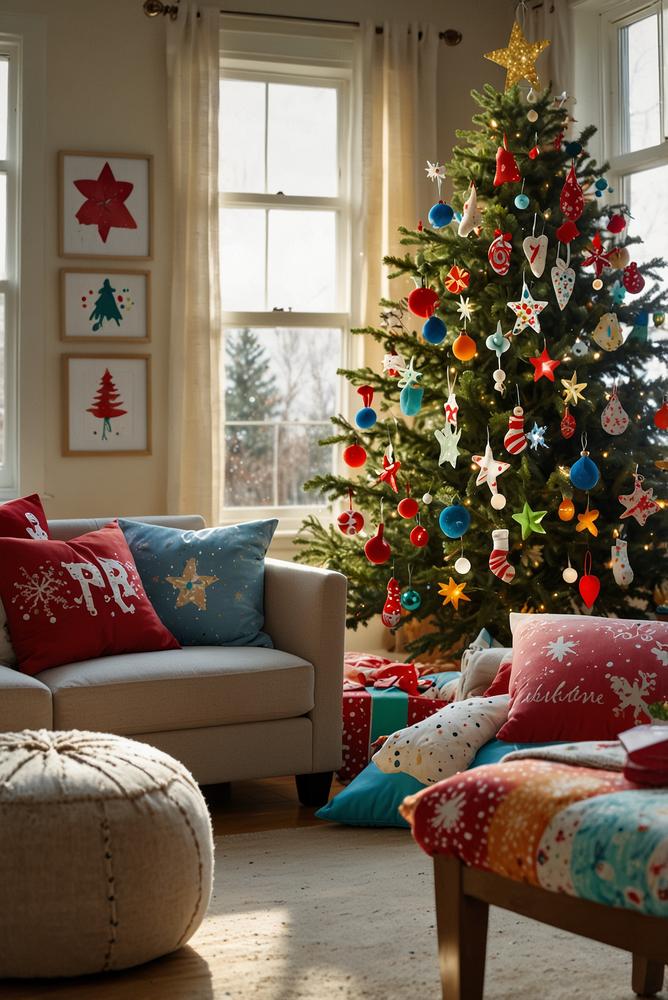 Kindersichere Weihnachtsdeko mit hellem Stoffbaum im Wohnzimmer