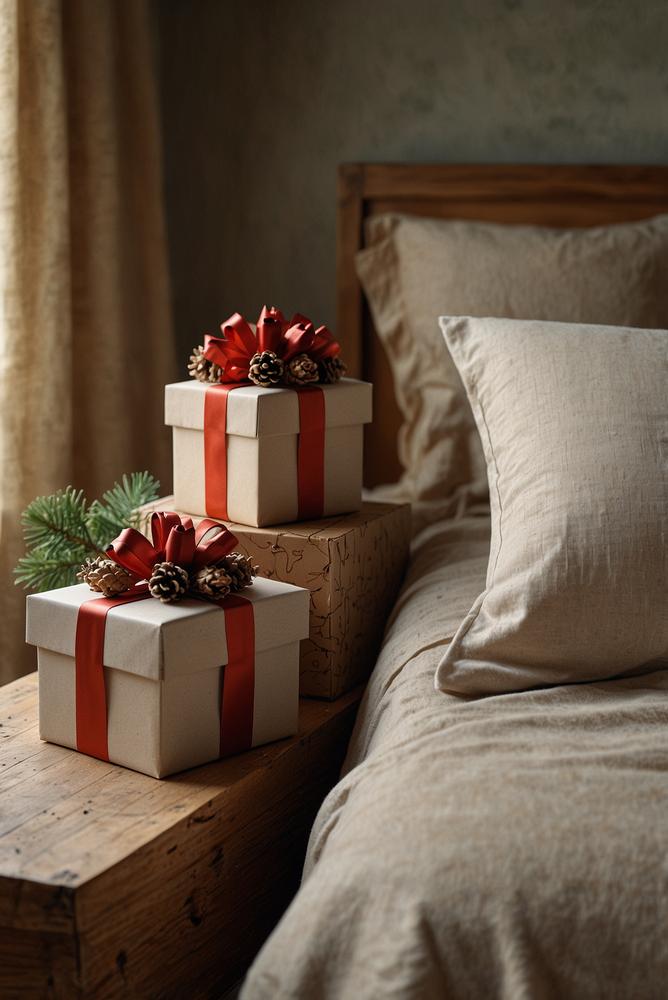 Kleine Geschenkboxen als Weihnachtsdeko auf der Schlafzimmerbank