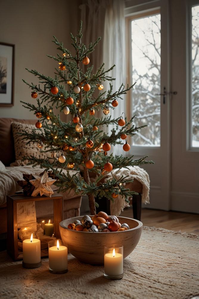 Kleiner Weihnachtsbaum dezent geschmückt im Wohnzimmer