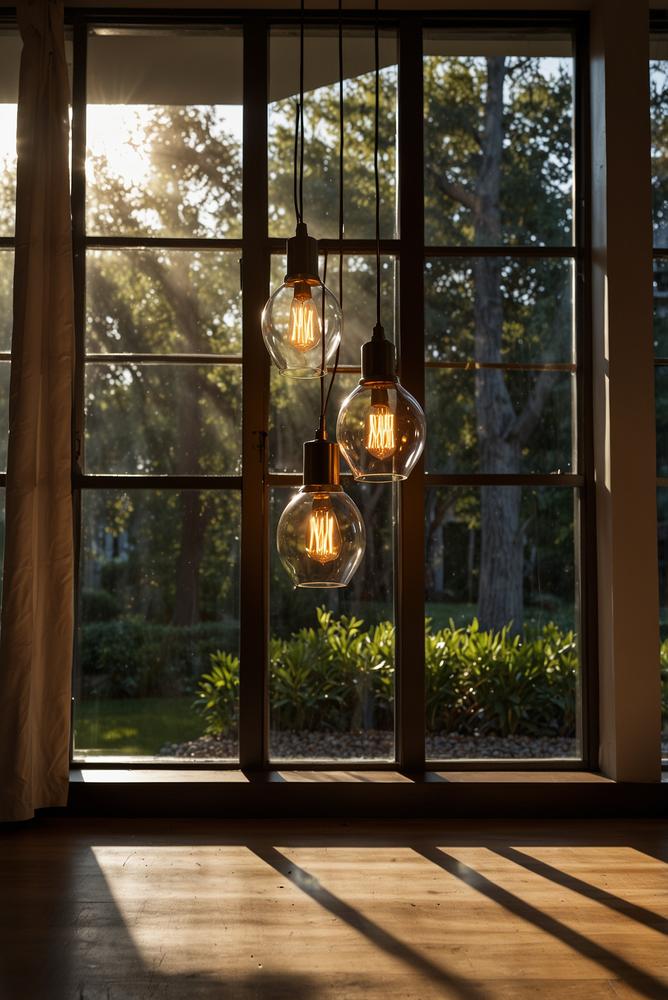 Fenster mit dekorativen haengelampen im lichtdurchfluteten raum