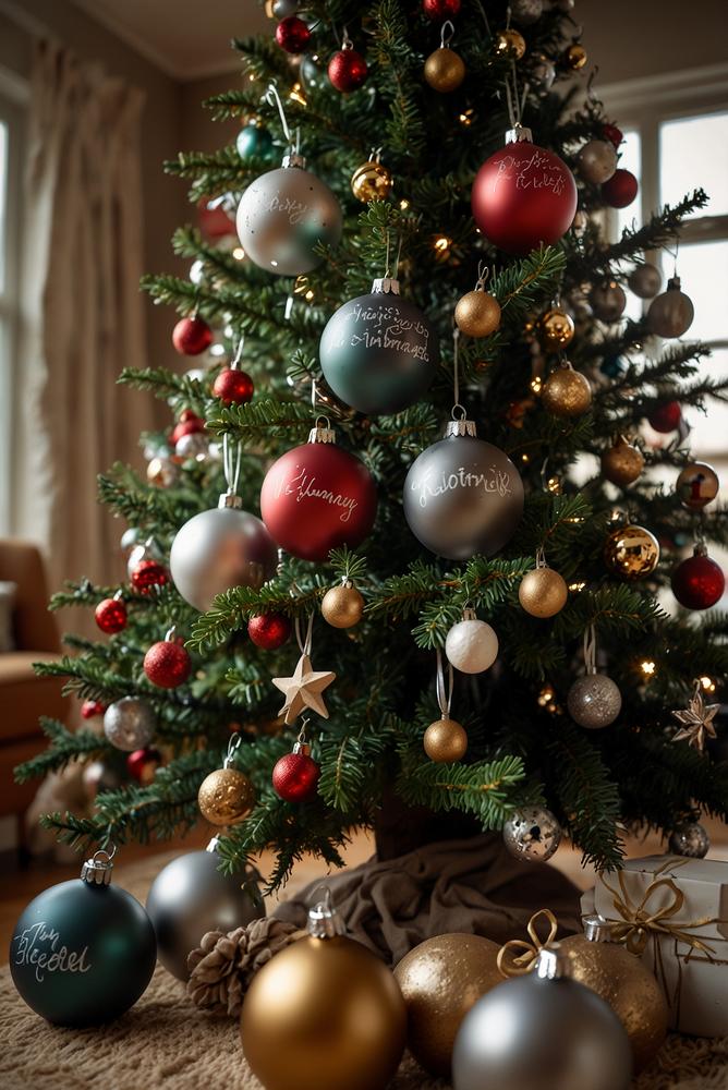 Kreidetafel-Weihnachtskugeln am hellen Weihnachtsbaum