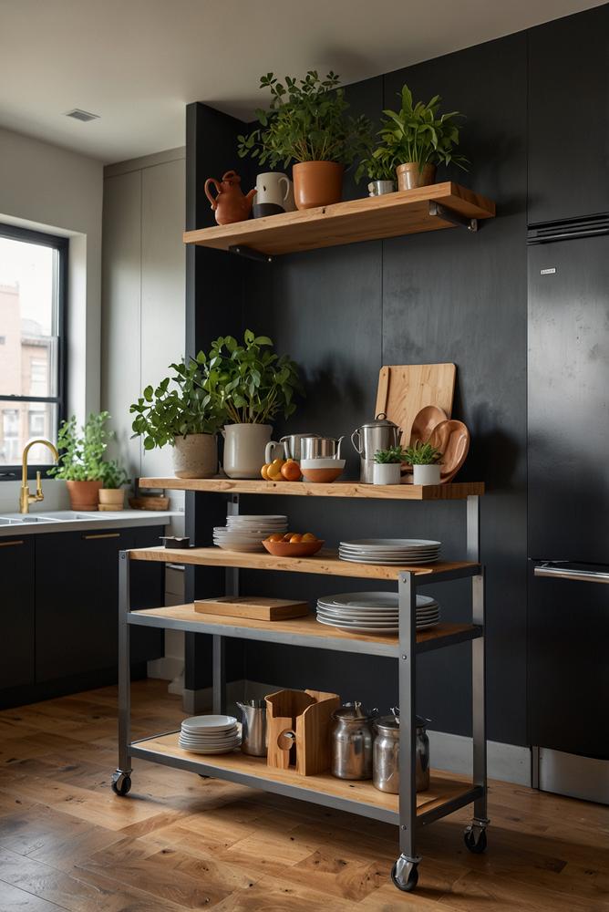 Kuecheninsel mit offenen Regalen in hellem modernen Raum