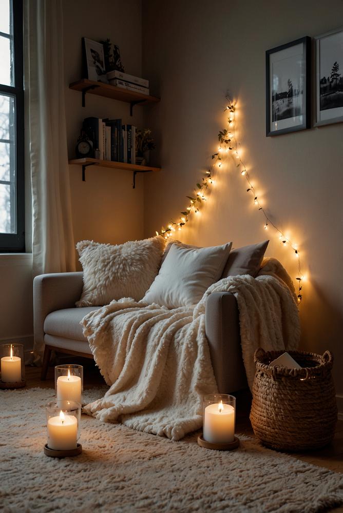 Kuschelige Adventsleseecke mit sanfter Beleuchtung im Kinderzimmer