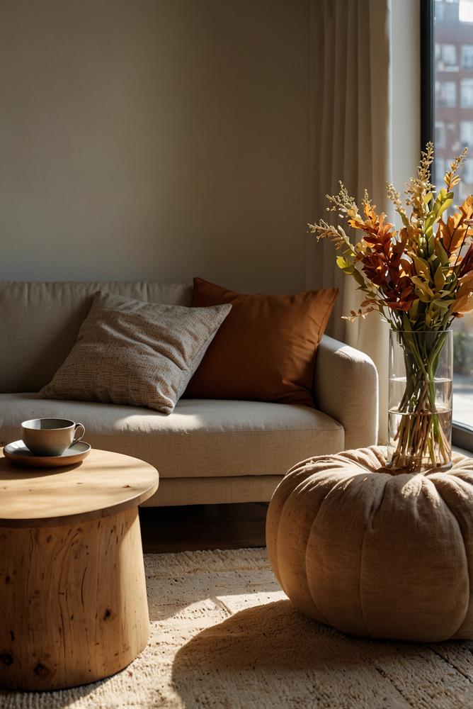 Helles kuschelsofa aus natuerlichen materialen im herbstzimmer