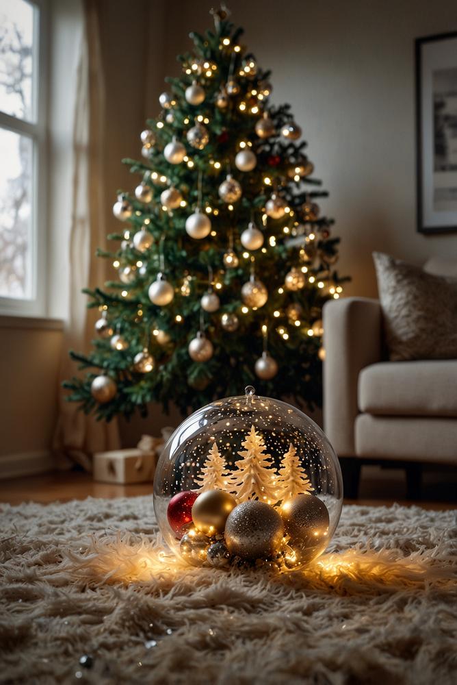 LED-beleuchtete Weihnachtskugeln mit Lichterkette im Baum
