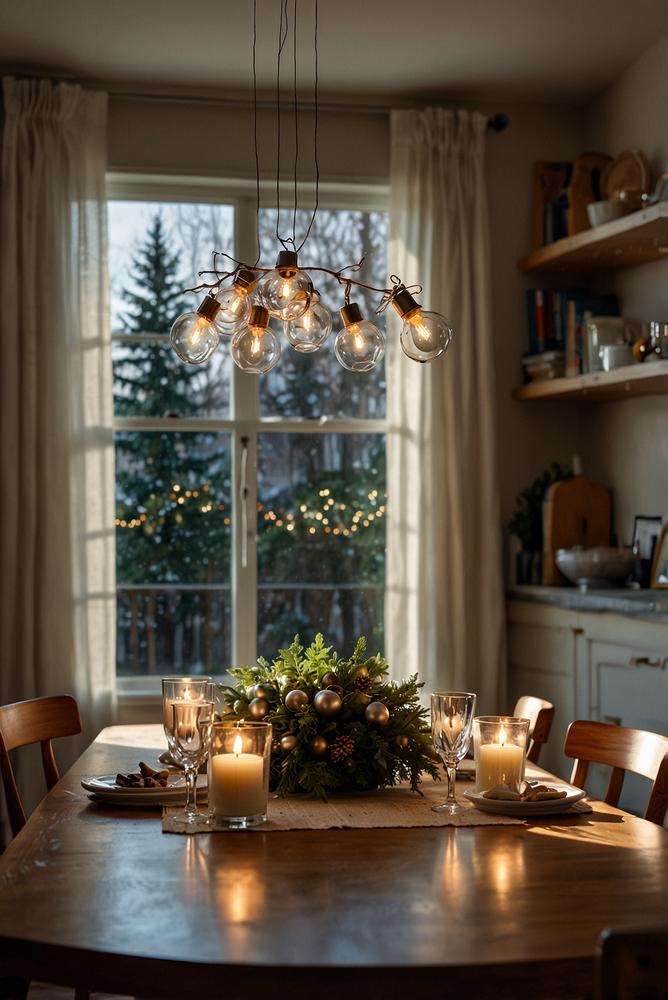 Lichtervorhang über dem festlich dekorierten Essbereich