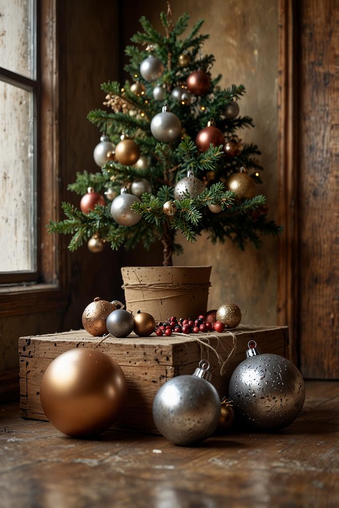 Metallic Patina Weihnachtskugeln im Vintage Look am Baum