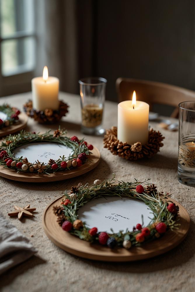 Mini-Adventkränze aus Trockenblumen als Platzdekoration