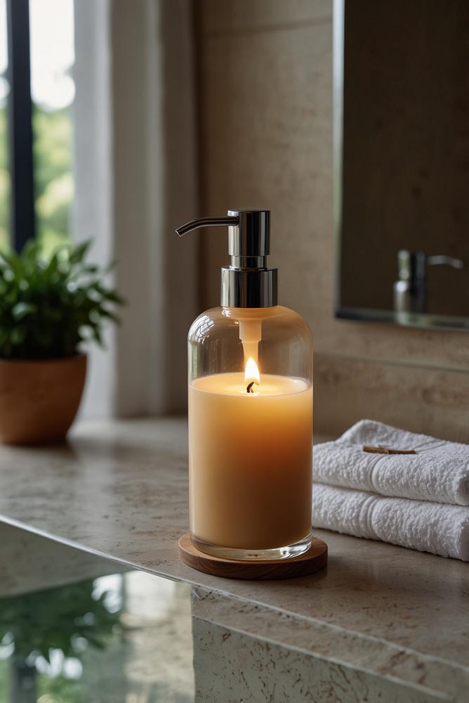 Helles Mini-Spa Badezimmer mit Handtüchern und Duftkerzen