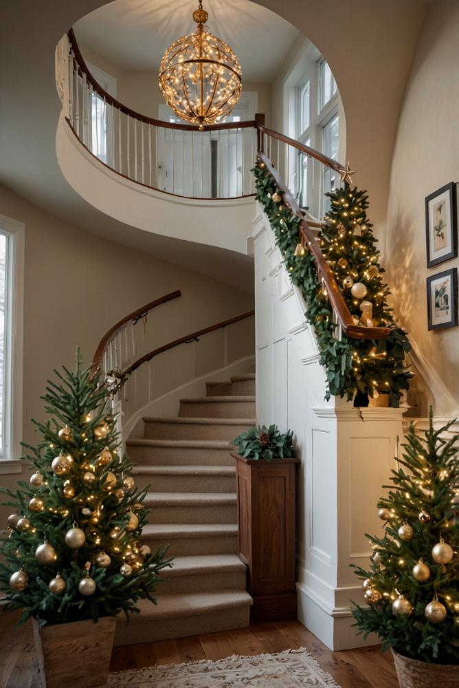 Mini-Tannenbaeume auf Treppenstufen weihnachtlich dekoriert