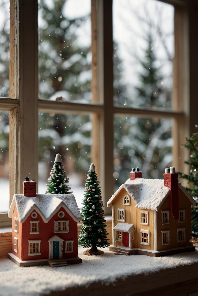 Mini-Weihnachtsdorf auf hell beleuchteter Fensterbank