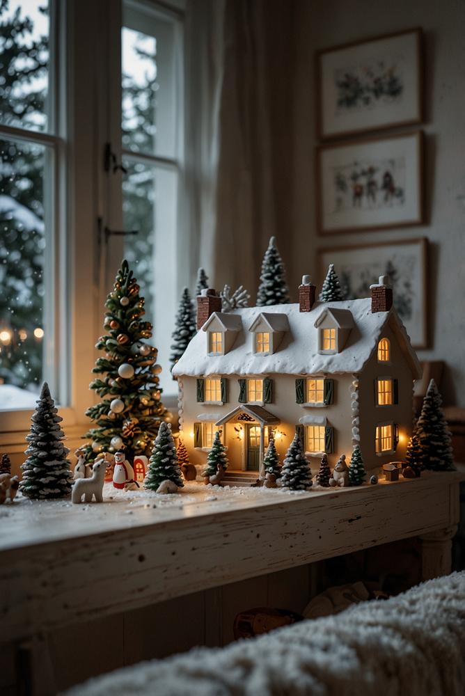 Mini-Winterdorf auf Sideboard in kleiner Wohnung