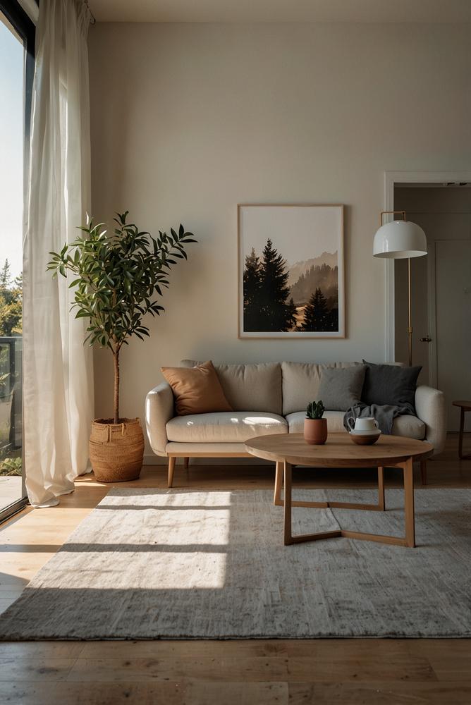 Helles, minimalistisches Wohnzimmer mit Capsule-Garderobe