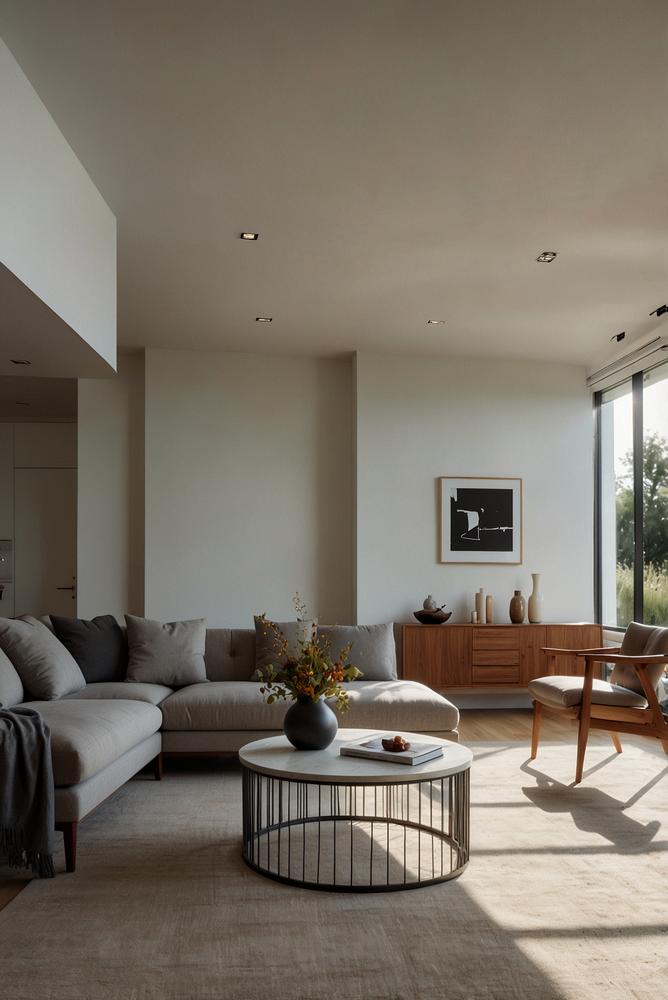 Helles minimalistisches Wohnzimmer mit viel Tageslicht