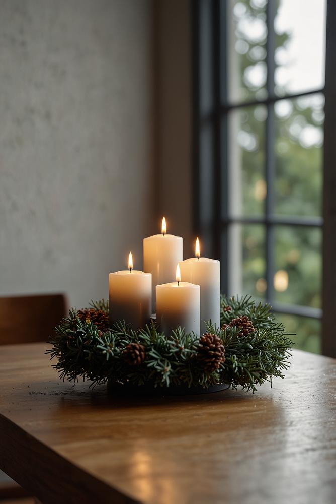 Minimalistischer Adventskranz aus Metall auf Fensterbank