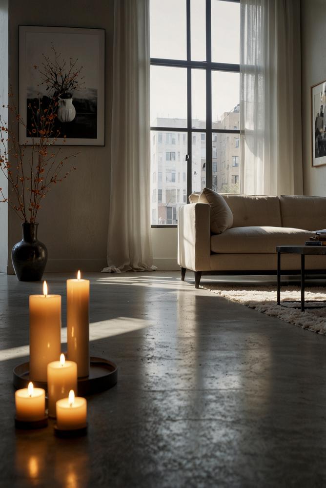 Minimalistische lineare Adventskerzen auf Betonplatte