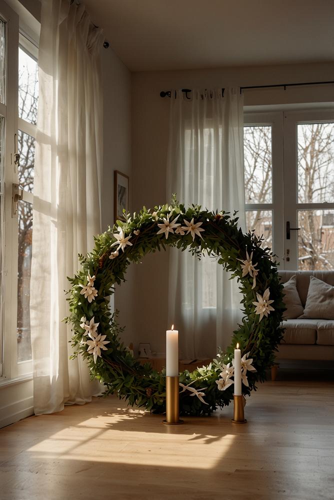 Minimalistischer Adventskranz aus weißer Buche in hellem Raum