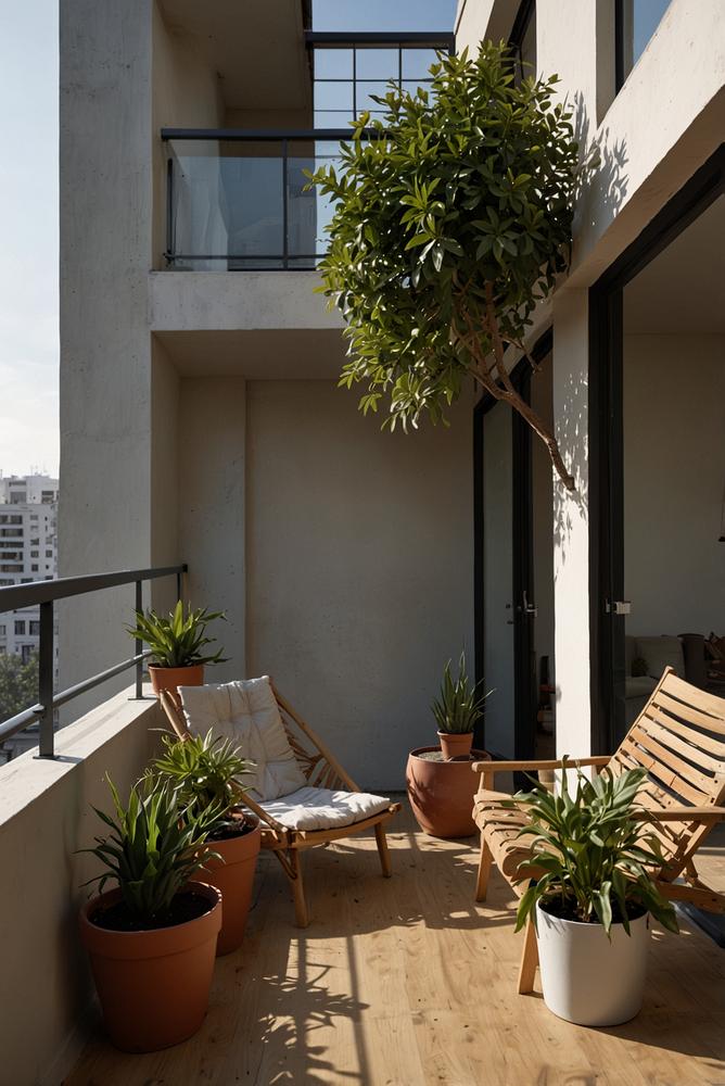 Heller minimalistischer Balkon mit klarer Struktur und Pflanzen