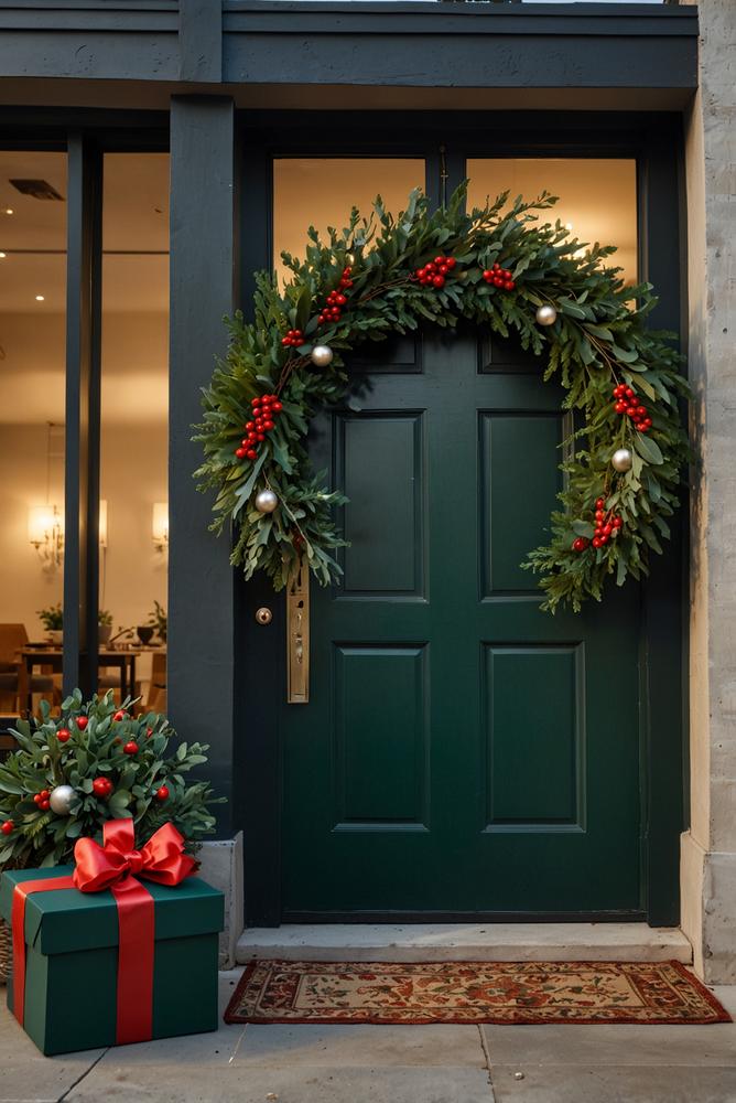 Minimalistischer grüner Weihnachts-Türkranz mit LED-Lichterkette