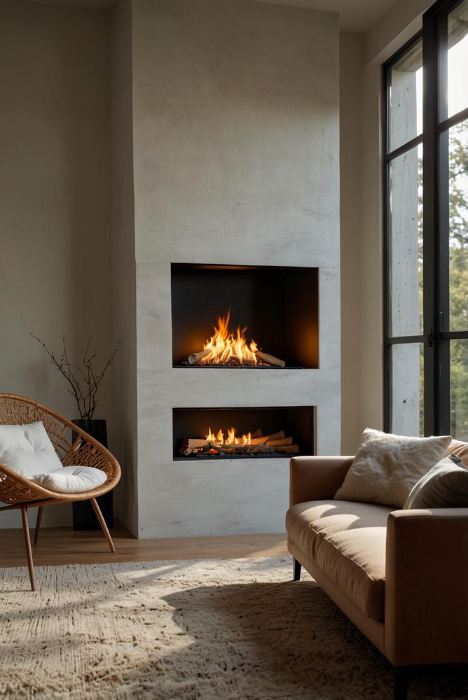 Minimalistischer Kamin mit warmen Lichterketten und gemütlicher Atmosphäre