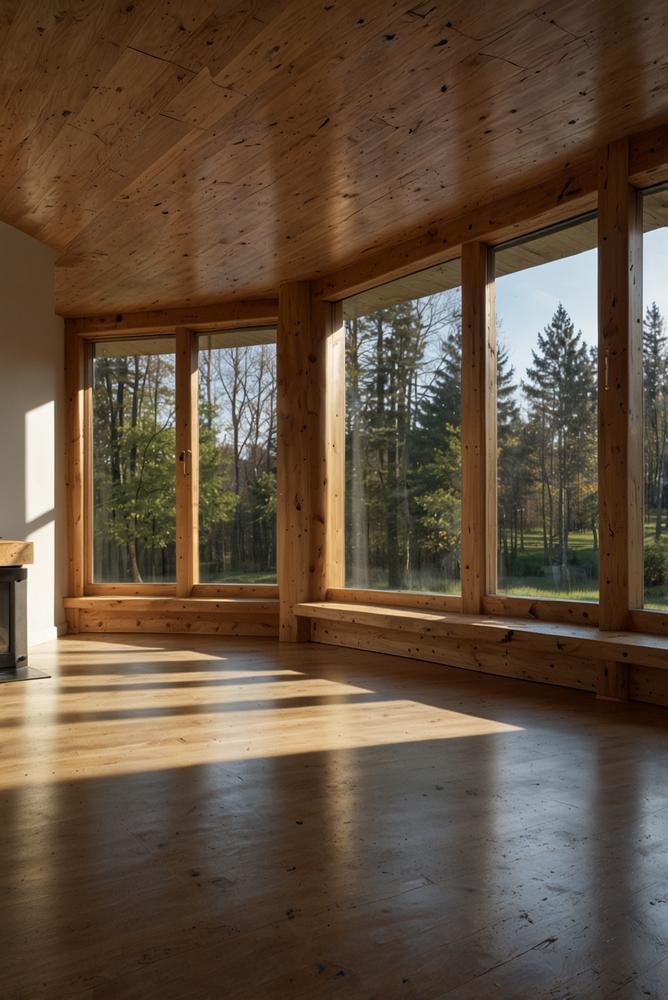 Minimalistischer Schwibbogen aus Holz am Fenster, warm beleuchtet