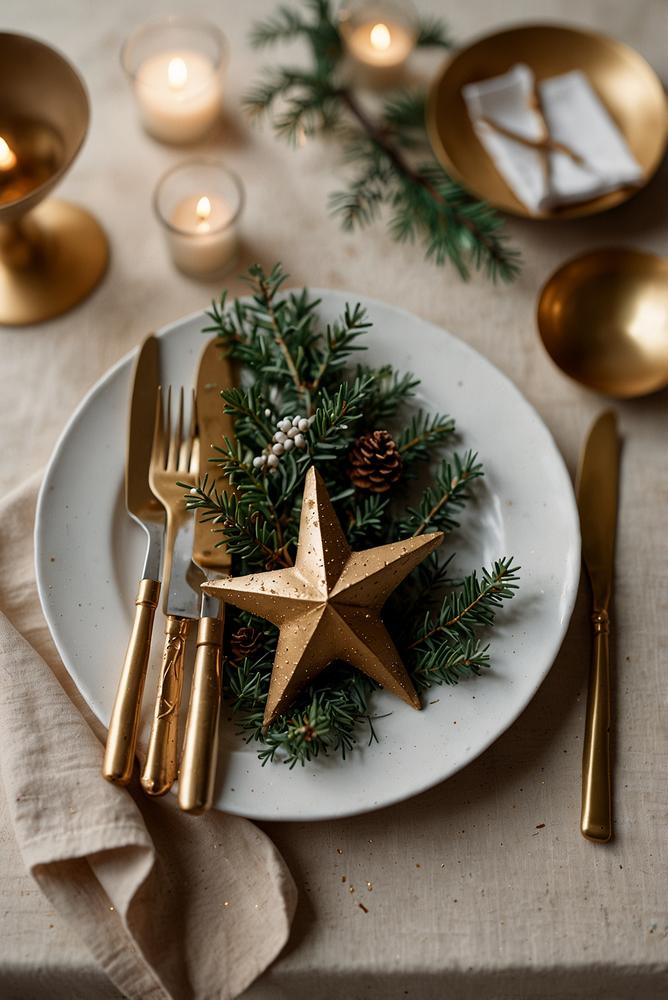 Minimalistische weiß-goldene Weihnachts-Tischdeko mit Kerzensternen