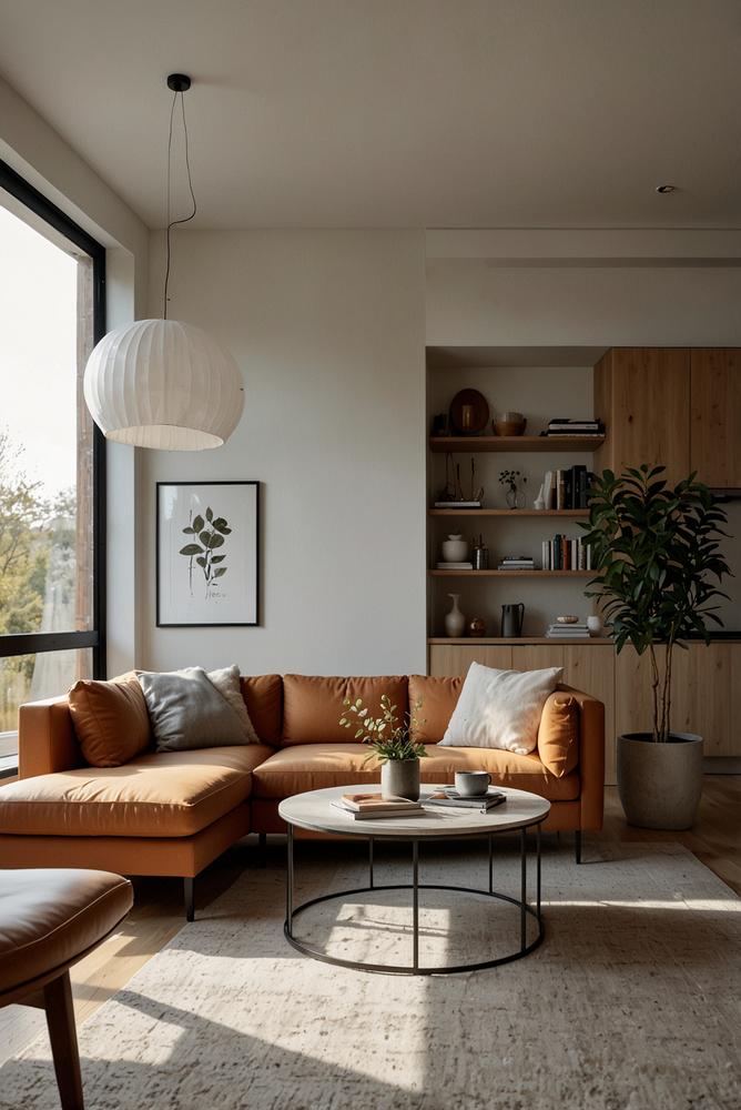 Helles modernes Wohnzimmer mit schlankem Sofa und Couchtisch