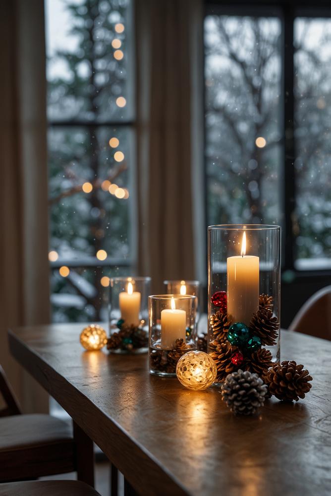 Moderner Glastisch mit LED-Lichterketten und Weihnachtskugeln
