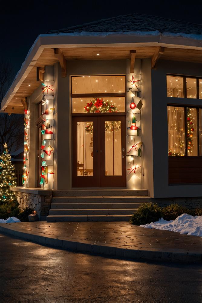 Hausfassade mit LED Weihnachtsbeleuchtung hell und modern